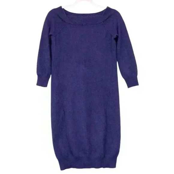 Cashmere Sweater Dress Size Small Bodycon 3/4 Sleeve Blue Purple Stretch Knit - Picture 1 of 11